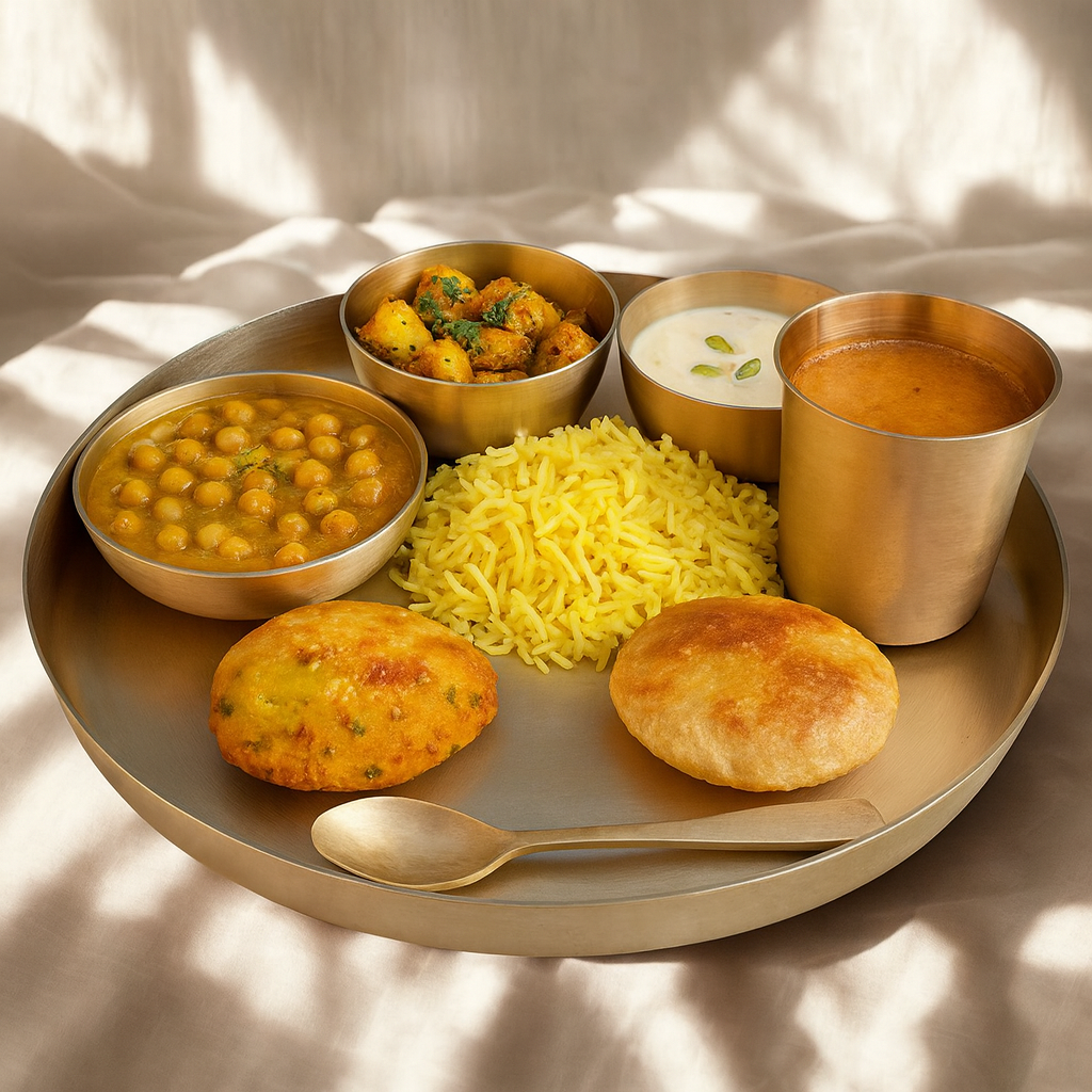 Pure Kansa Thali Set – 6 Pieces (1 Thali, 1 Glass, 1 Spoon, 3 Bowls) Matt Finish