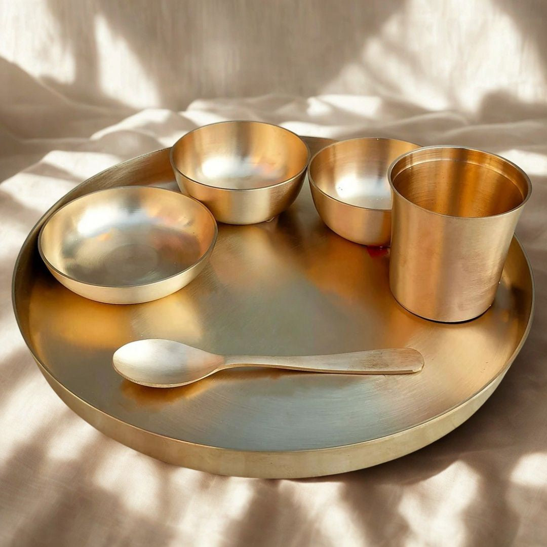 Pure Kansa Thali Set – 6 Pieces (1 Thali, 1 Glass, 1 Spoon, 3 Bowls) Matt Finish