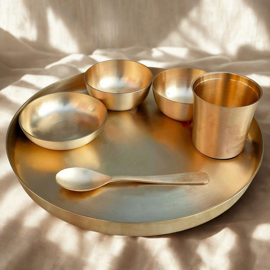 Pure Kansa Thali Set – 6 Pieces (1 Thali, 1 Glass, 1 Spoon, 3 Bowls) Matt Finish